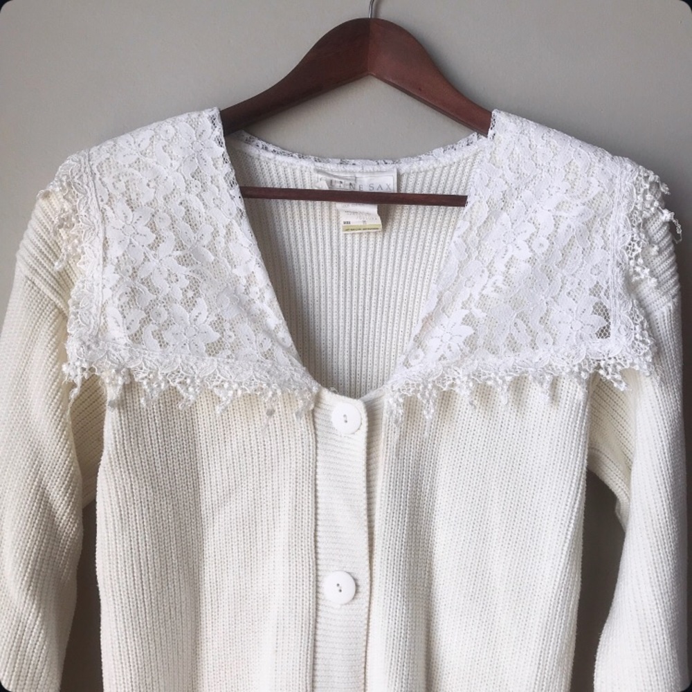 Gunne Sax 80s Vintage Floral Lace Fringe Collar Knit Cardigan